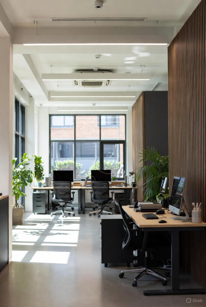 Attraktivt moderne kontorlokale med reception, elegante træpaneler, grønne planter, store vinduer med naturligt lys og ergonomiske arbejdspladser