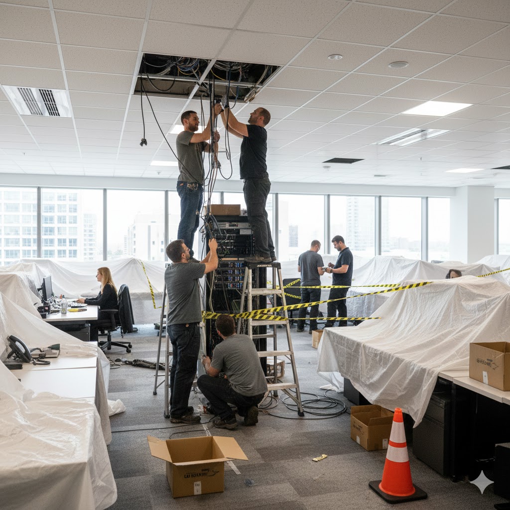 Et travlt, lyst kontorlandskab under reparation. Flere håndværkere arbejder på elektriske installationer i loftet og i et serverkabinet, mens ledninger hænger ned fra de åbne loftsplader. Området er markeret med gult afspærringsbånd og orange kegler.